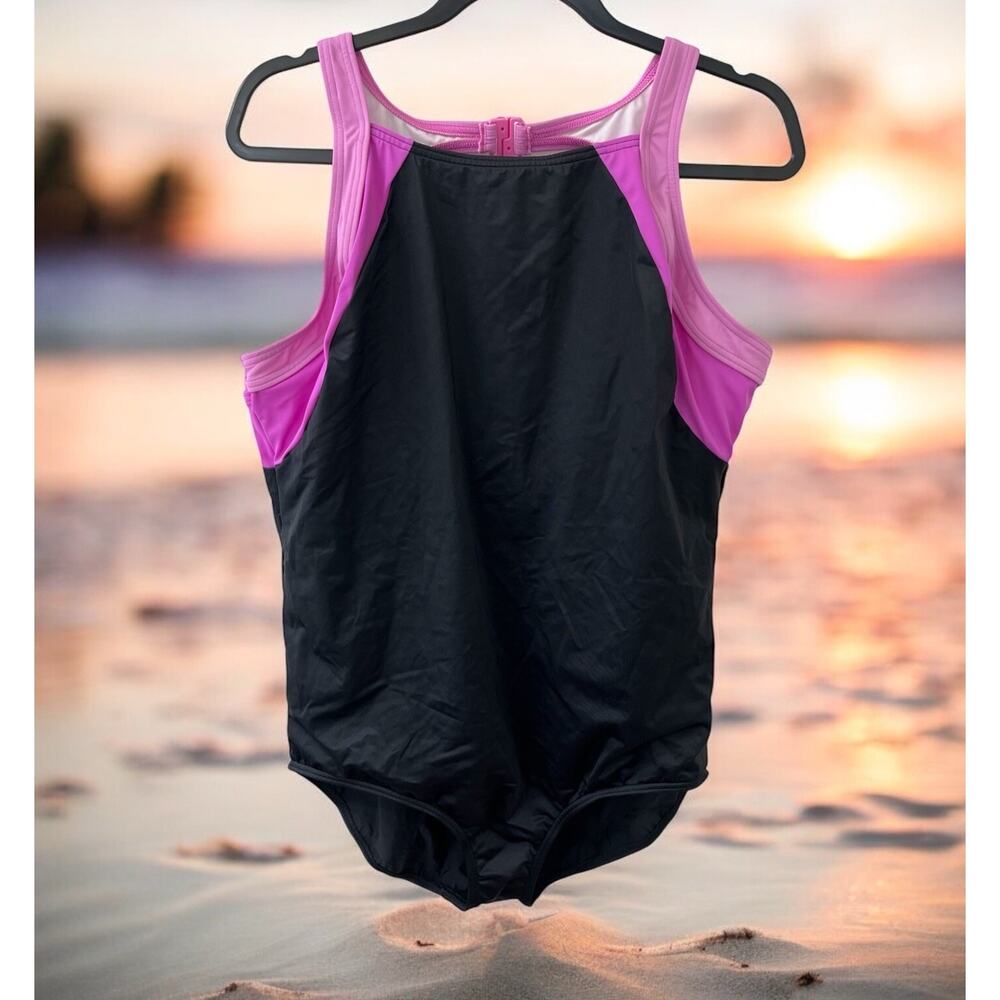 LANDS' END Size 22W/L Womens One-Piece Sports Swimming Suit color block black